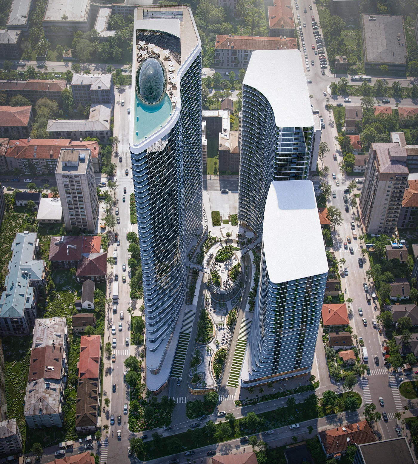 OPUS Signature — the towers and garden podium seen from above, Batumi