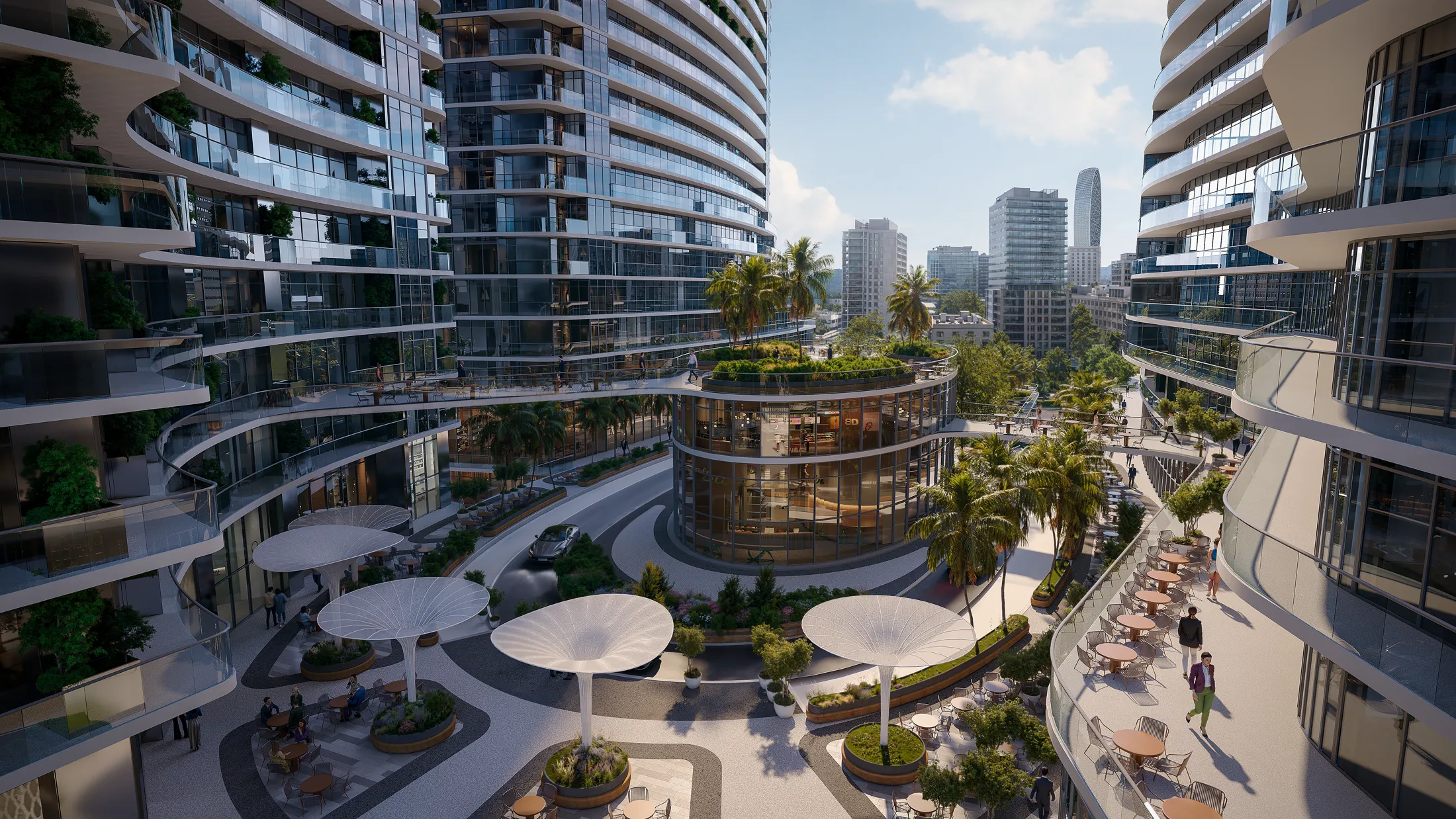 The garden circle at the centre of the OPUS Signature podium — a glass pavilion café, sculptural canopies and terraces between the towers